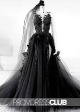 Megan |Long Black Wedding Dresses Near Me With Sexy Black Lace Appliques Sleeveless Tulle Backless Veil - Price #price_variant_lowest# - Black - PromDressClub